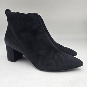 $550 AGL Notch Logo Ankle Booties Pointy Toe Block Black Suede Zip 36 US 6